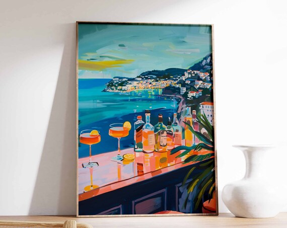 Vibrant Rooftop Cocktail Bar At Sunset Over Coastal Town Poster