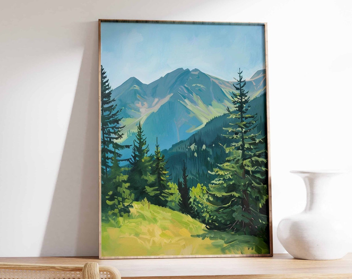 Alpine Mountain Pines Landscape Art Print Forest Painting Decor