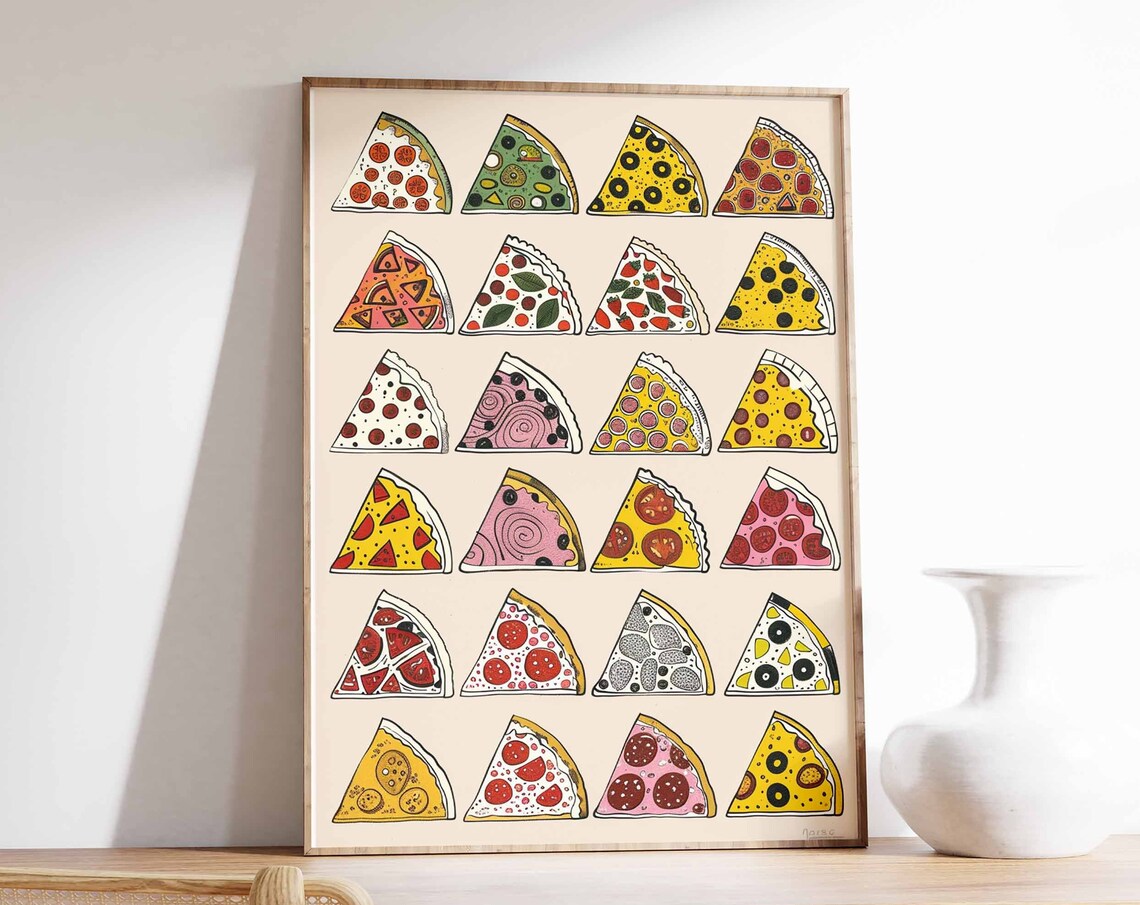 Colorful Pizza Slices Illustrated Grid Kitchen Poster Italian Food Art