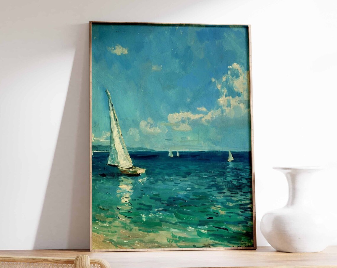 Single Sailboat on Teal Green Sea Impressionist Nautical Art Poster