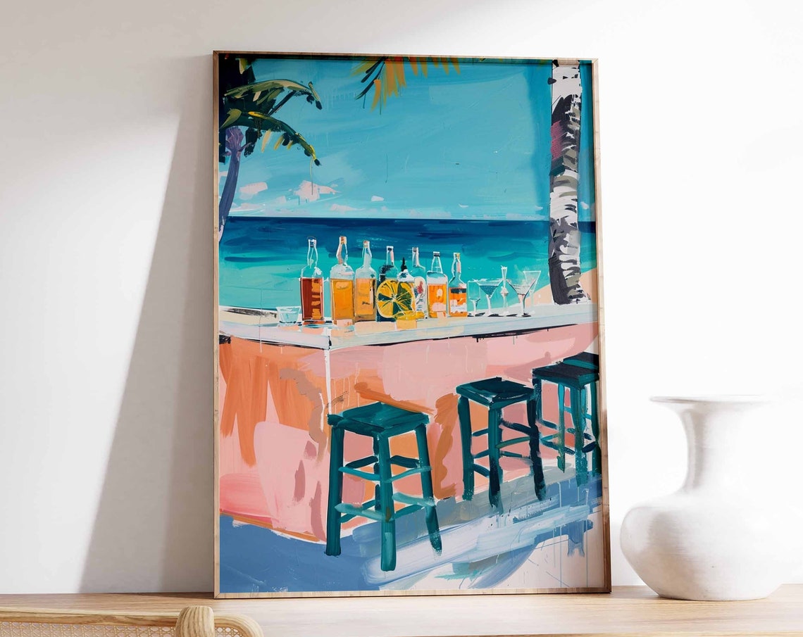 Tropical Beach Bar Ocean View Painted Coral Counter Teal Stools Poster
