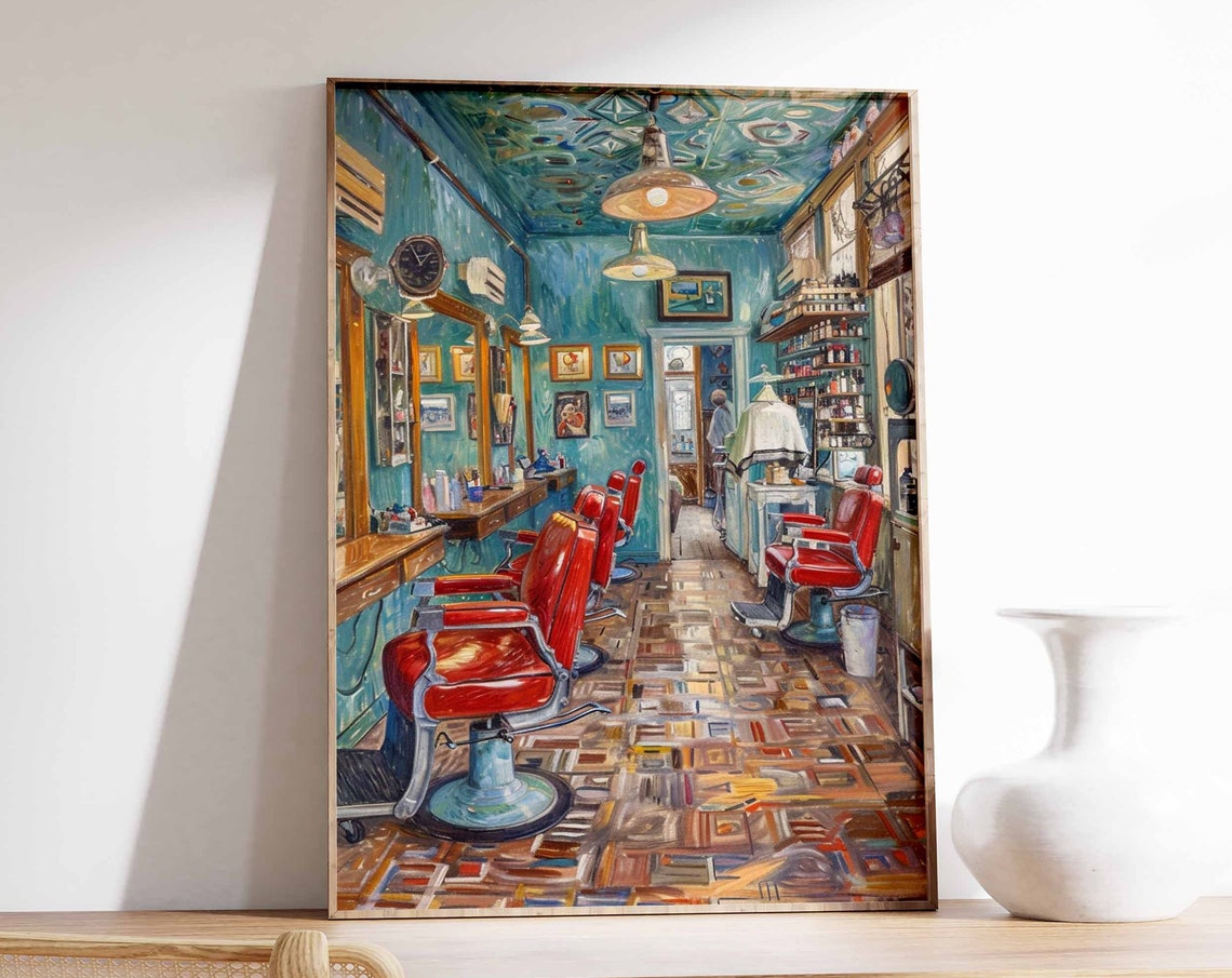 Teal Vintage Barbershop Red Chairs Classic Interior Wall Art