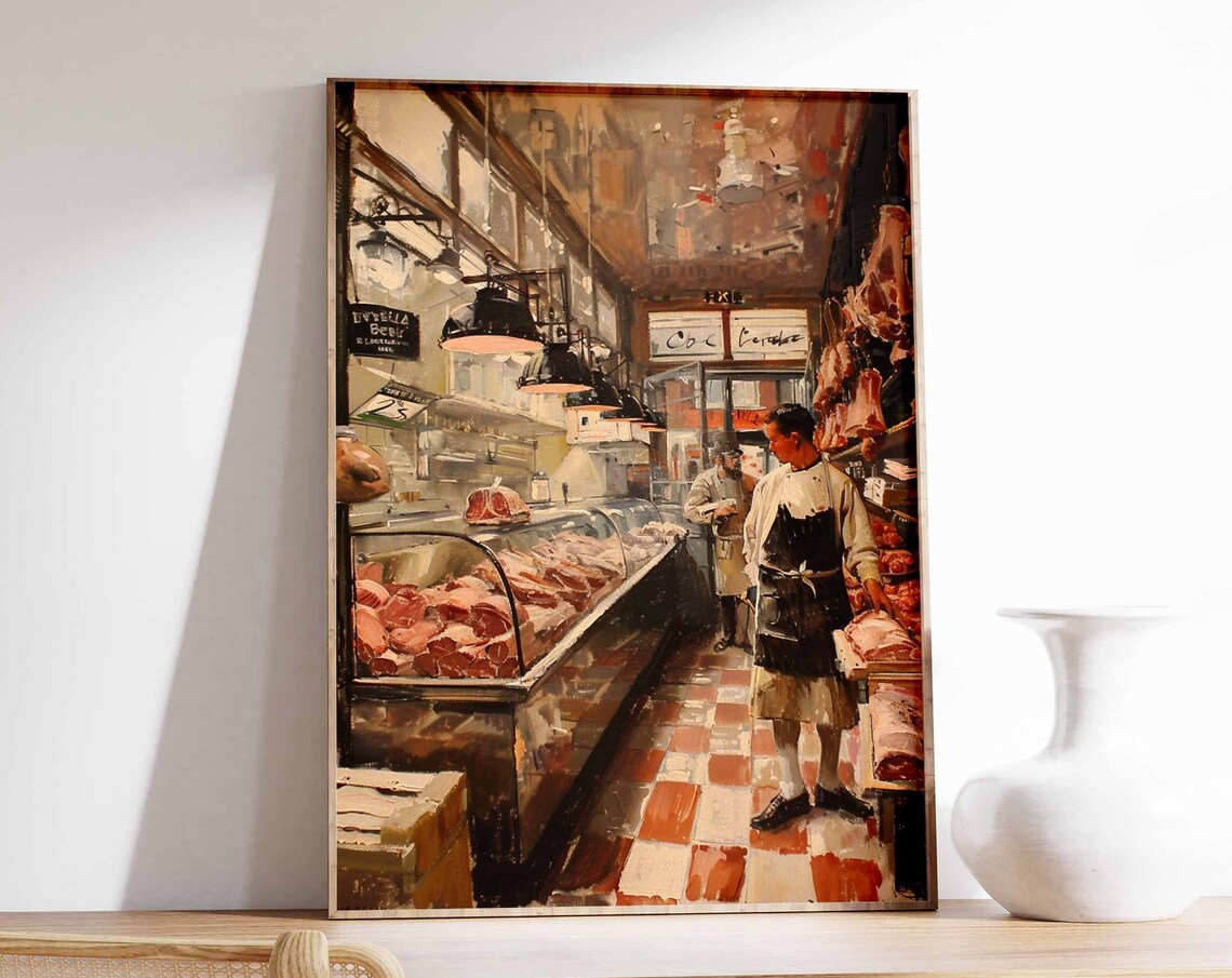 Traditional Butchers Shop Counter Checkered Floor Retro Art Print