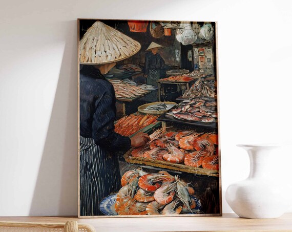 Asian Seafood Market Poster Seafood Print Food Poster Fish Market Print Kitchen Decor Asian Decor Oriental Art Print Seafood Art