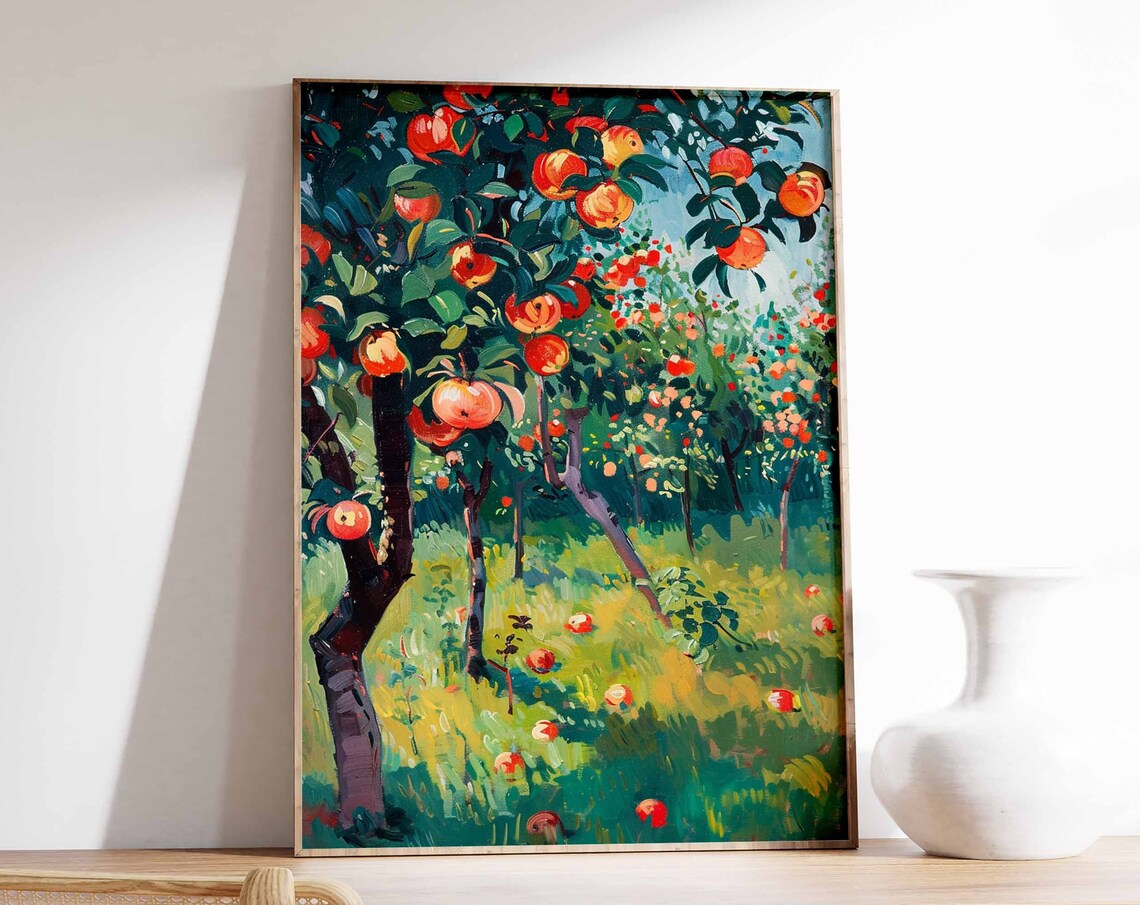 Red Apple Orchard with Fallen Fruit Harvest Impressionist Poster
