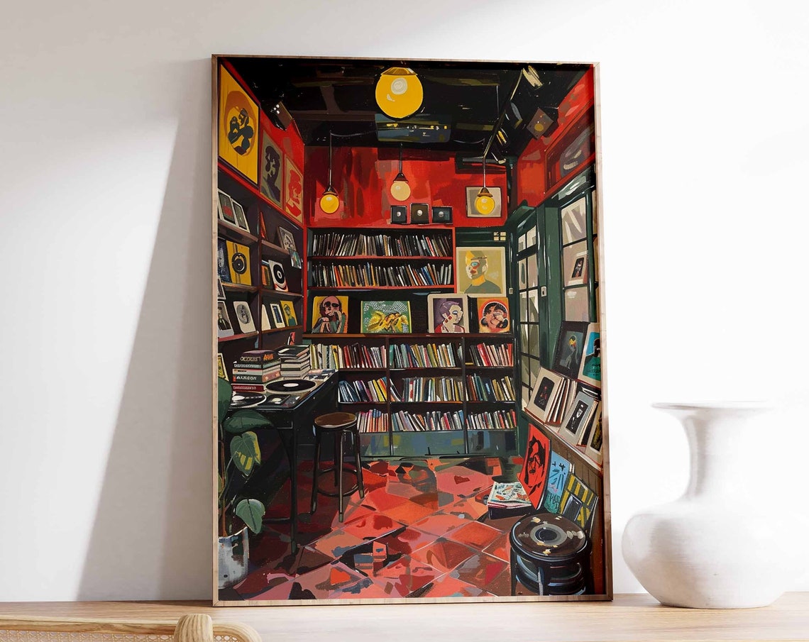 Deep Red Vinyl Record Shop With Wall Shelves and Turntable Poster