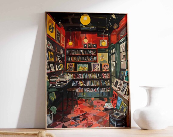 Deep Red Vinyl Record Shop With Wall Shelves and Turntable Poster