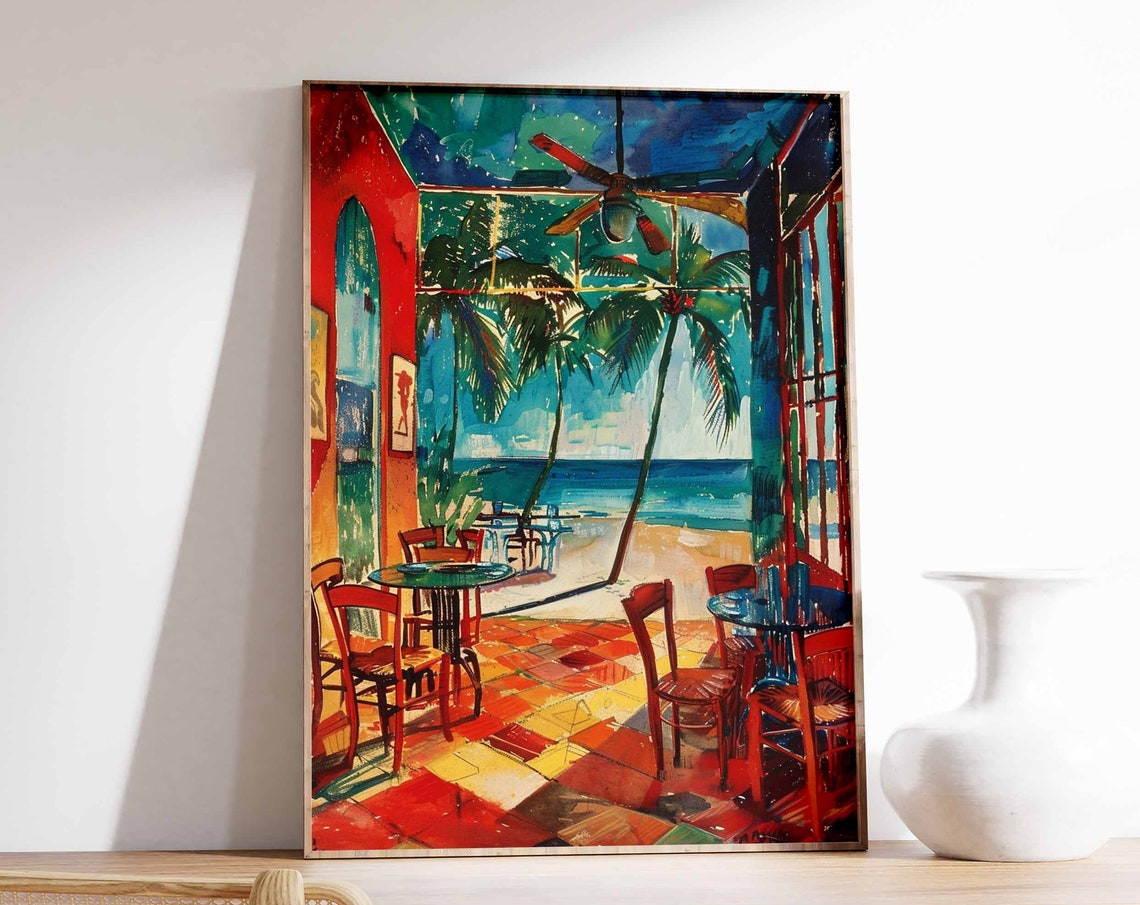 Red Tiled Beach Cafe Interior Ceiling Fan Palm Trees View Poster