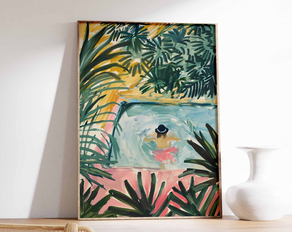 Boho Woman Swimming in Tropical Pool Among Palm Leaves Poster