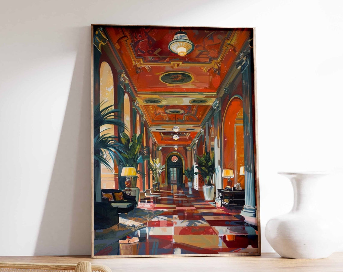 Luxury Hotel Grand Lobby Red Ceiling Opulent Interior Art Poster