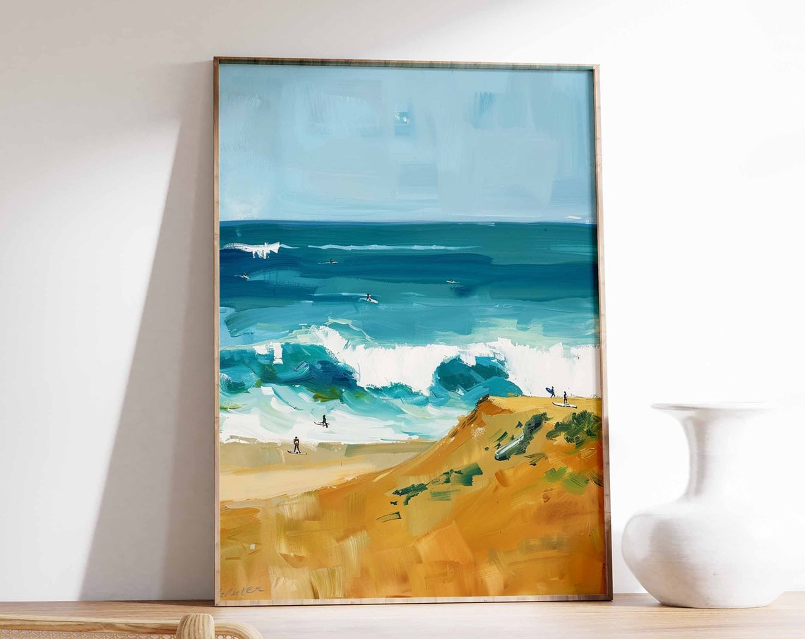 Surfers Riding Turquoise Waves Beside Golden Sand Dunes Poster