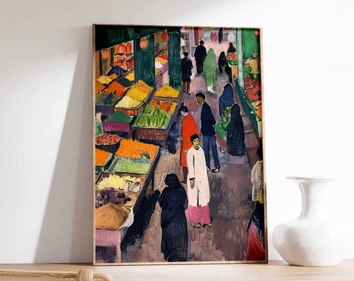 Indian Market Bazaar Aisle Spice Stalls Shoppers Painting Art Poster