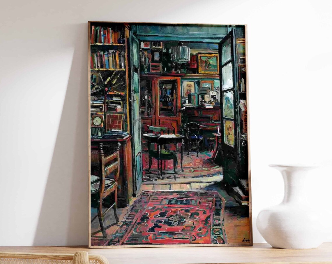 Cozy Antique Bookshop Interior Books Rugs Nostalgic Vintage Print