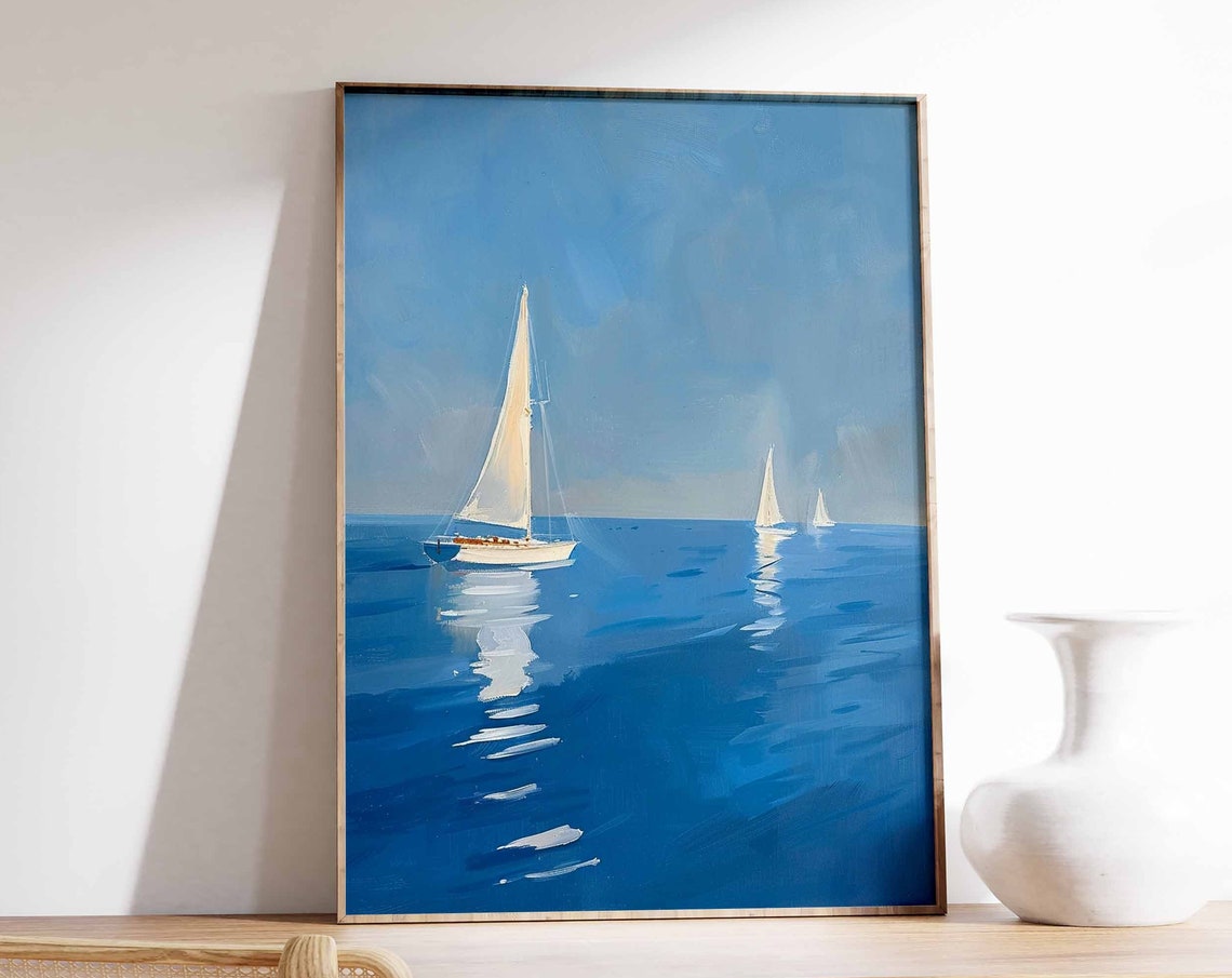 Three Sailboats on Calm Blue Water Soft Seascape Nautical Art Poster