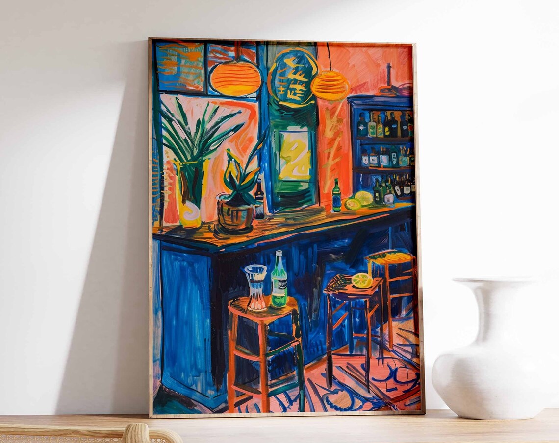 Japanese Izakaya Bar Corner Bold Orange Blue Bar Stools Painting Poster