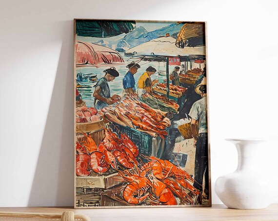 Asian Seafood Market Poster Seafood Print Food Poster Fish Market Print Kitchen Decor Asian Decor Oriental Art Print Seafood Art