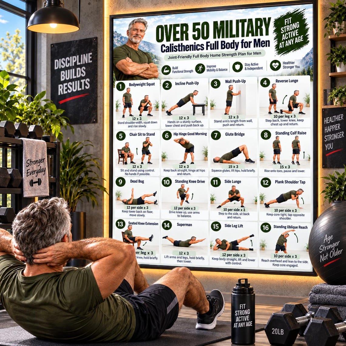 Military Calisthenics Workout Poster for Men Over 50, Home Gym - Image 5