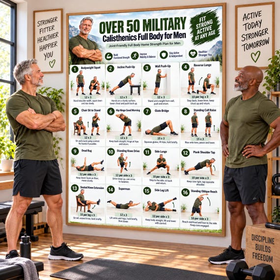 Military Calisthenics Workout Poster for Men Over 50, Home Gym