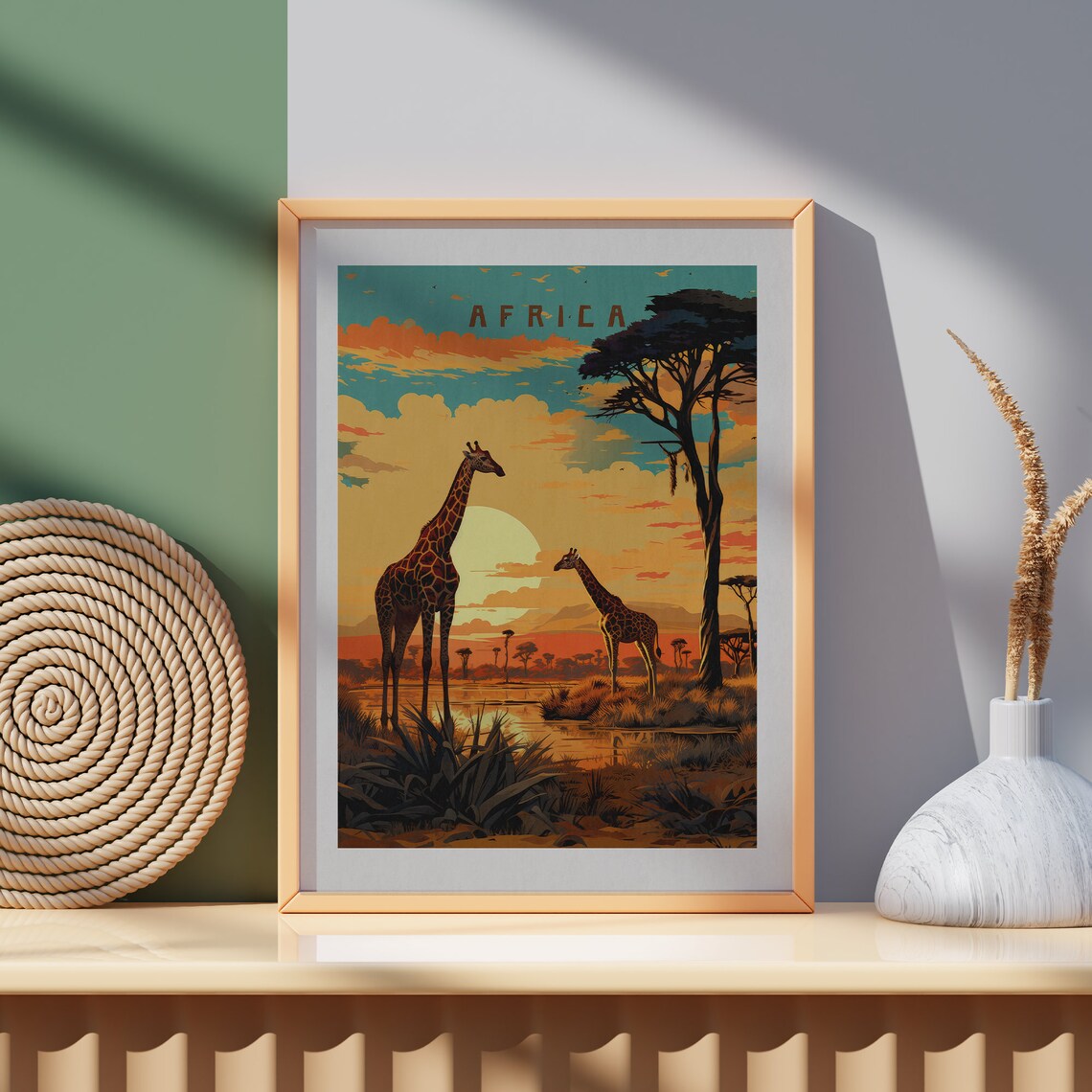 Africa Two Giraffes Sunset Waterhole Acacia Vintage Travel Poster - Image 3