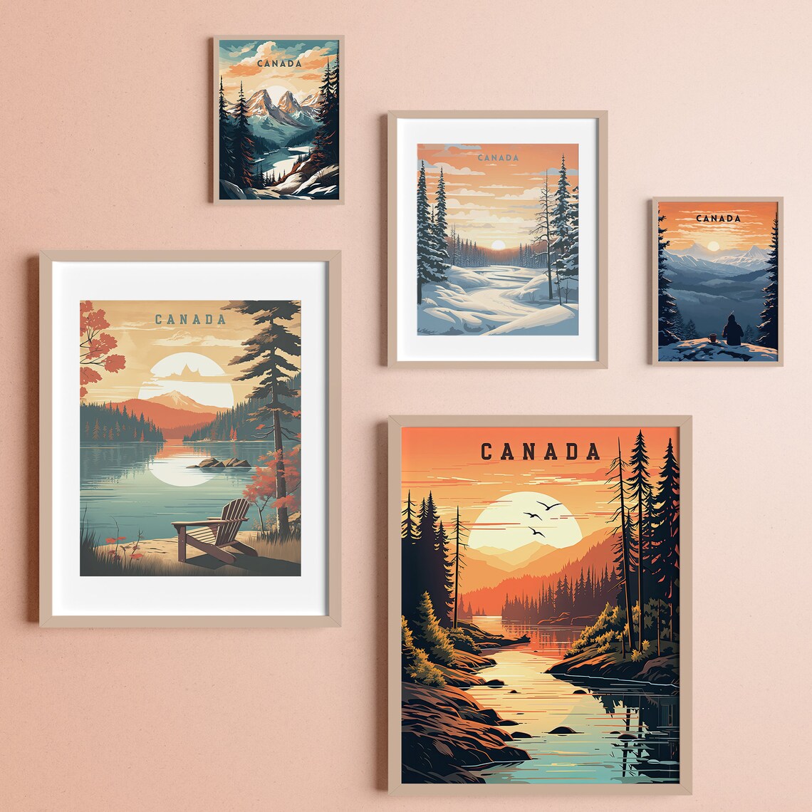 Canada Travel Poster Set of 5 Mountains Lakes Winter Scenes Art - Image 6