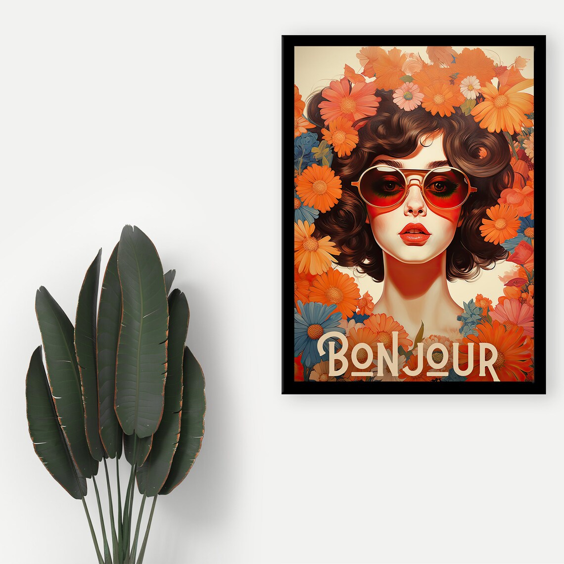 Bonjour French Retro Woman with Sunglasses Floral Pop Art Poster - Image 6