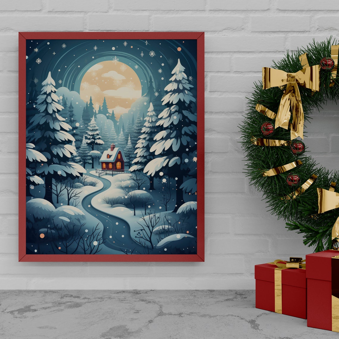 Cozy First Snow Moonlit Cabin Winter Forest Night Scene Poster - Image 2