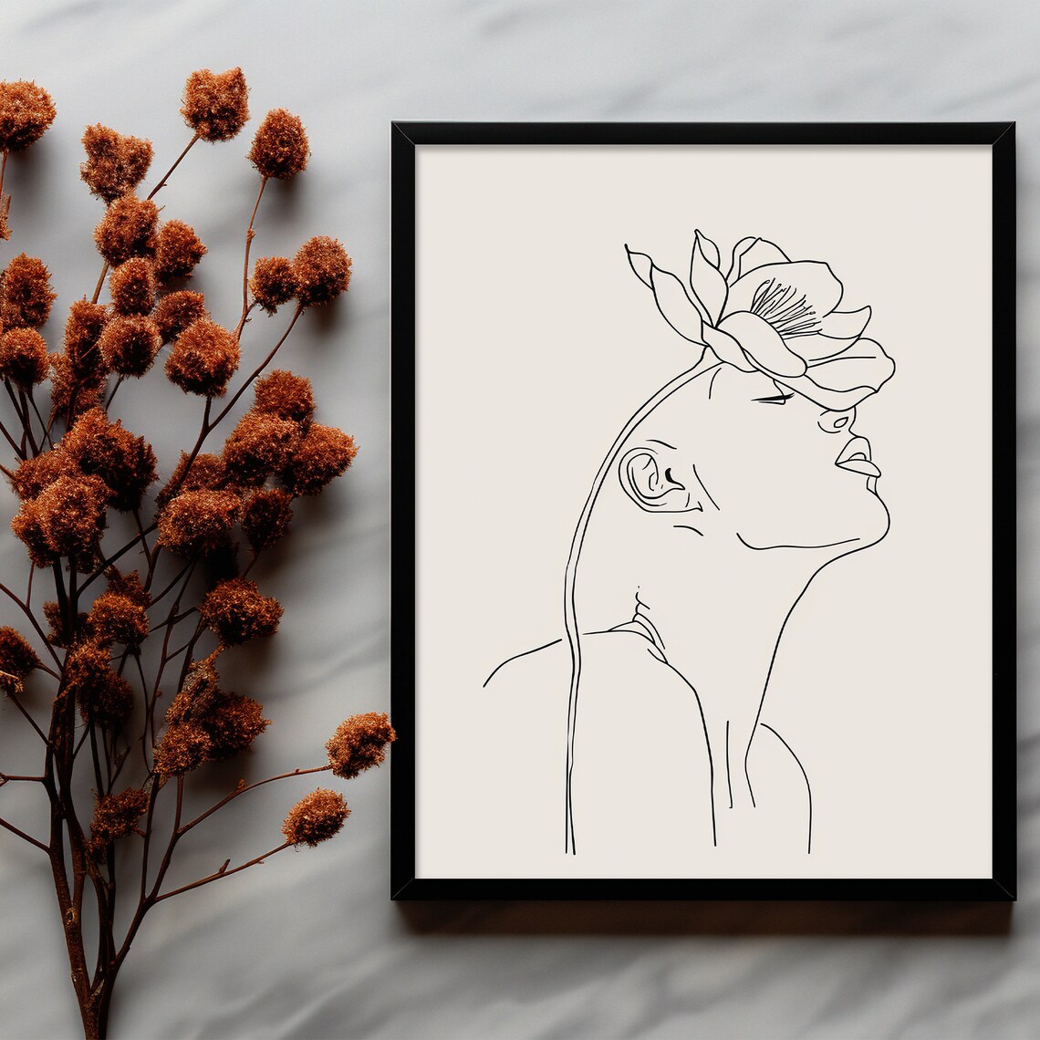 Elegant Line Art Woman with Magnolia Flower Beige Art Poster - Image 4