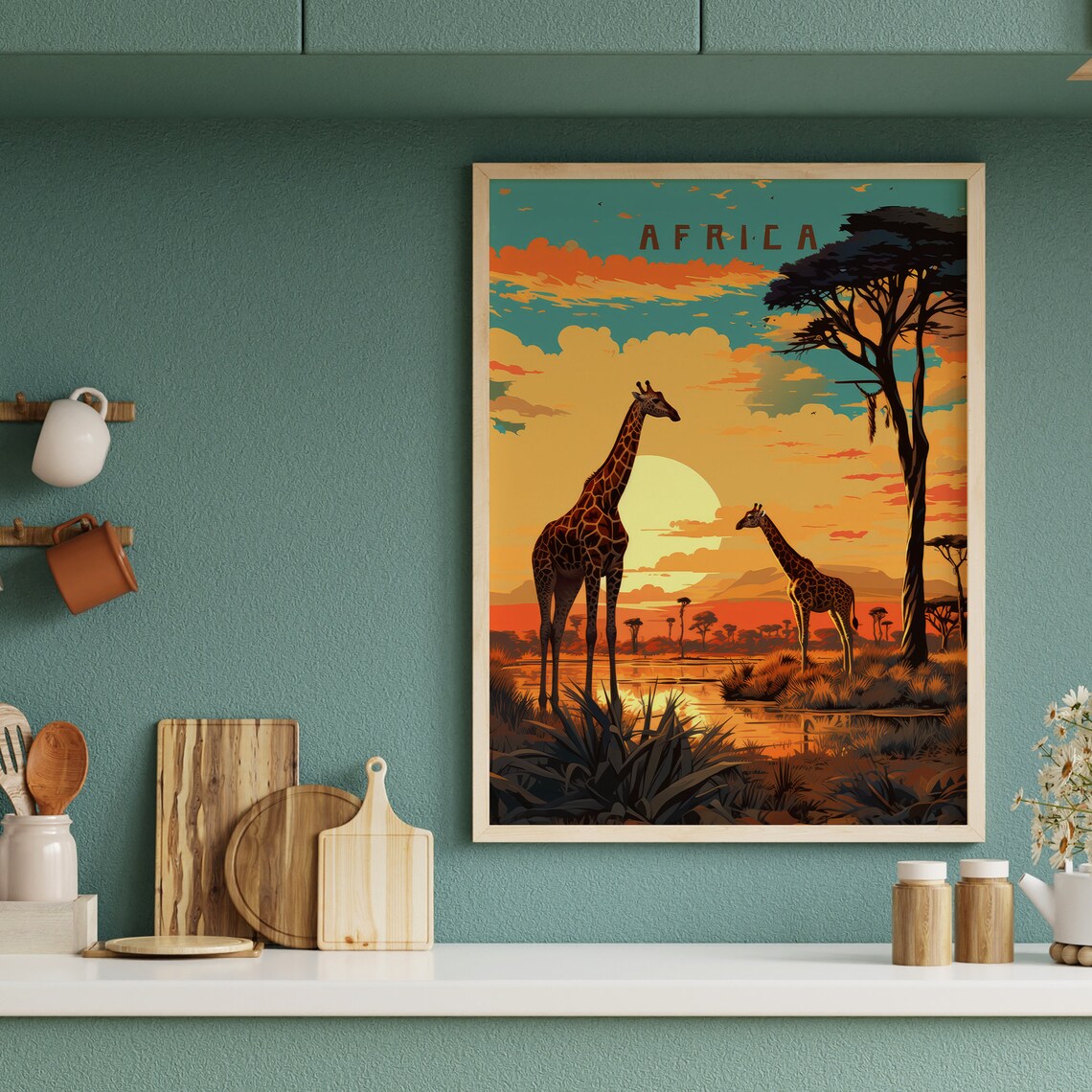 Africa Two Giraffes Sunset Waterhole Acacia Vintage Travel Poster - Image 2