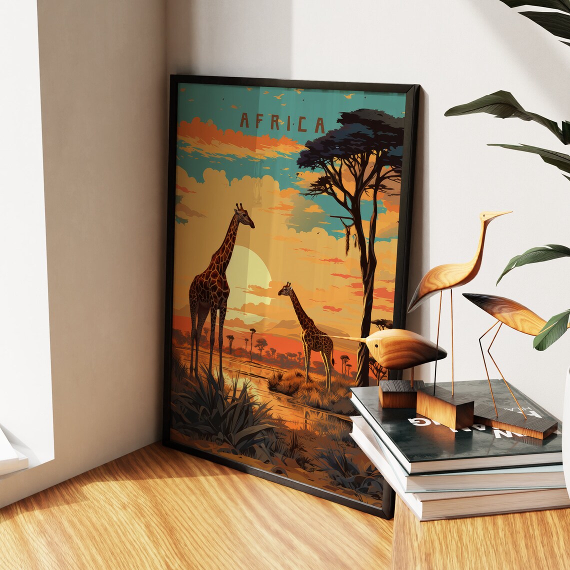 Africa Two Giraffes Sunset Waterhole Acacia Vintage Travel Poster - Image 6
