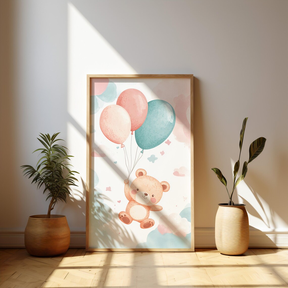 Cute Teddy Bear Holding Balloons Watercolor Nursery Poster Pastel Baby Room Art - Image 6
