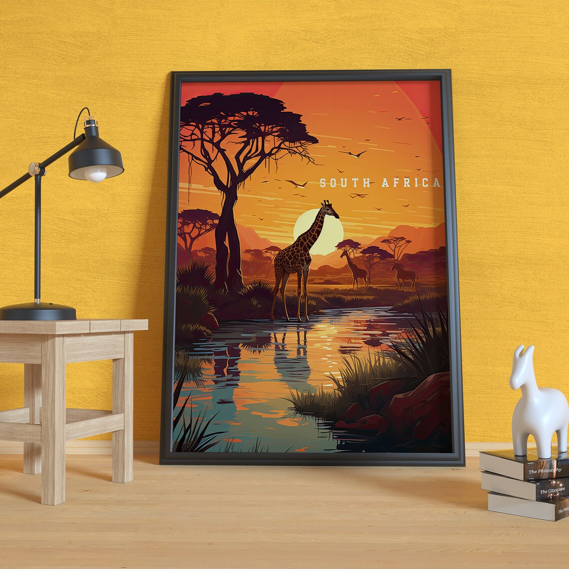 South Africa Giraffes Waterhole Sunset Savanna Vintage Travel Poster - Image 4