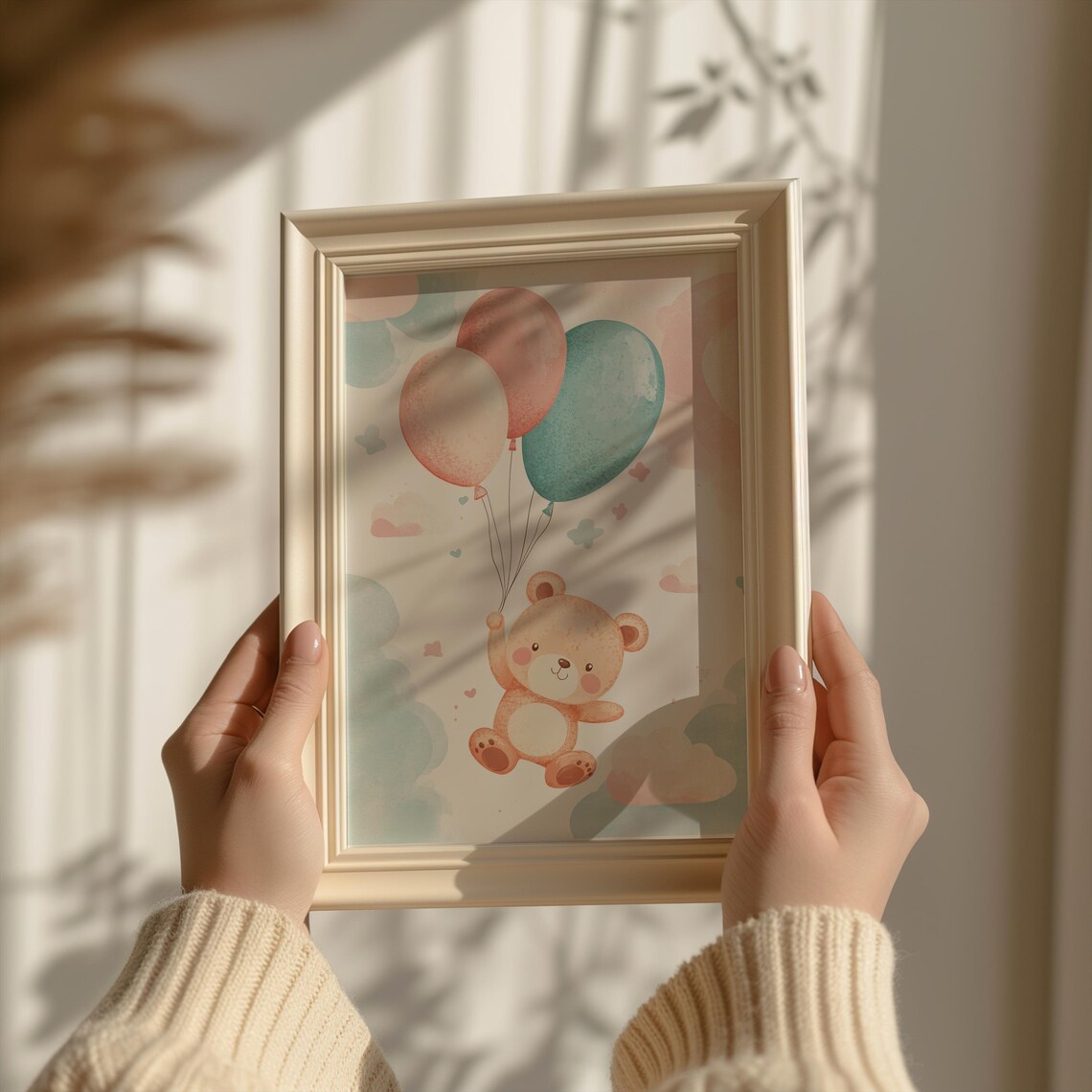 Cute Teddy Bear Holding Balloons Watercolor Nursery Poster Pastel Baby Room Art - Image 3