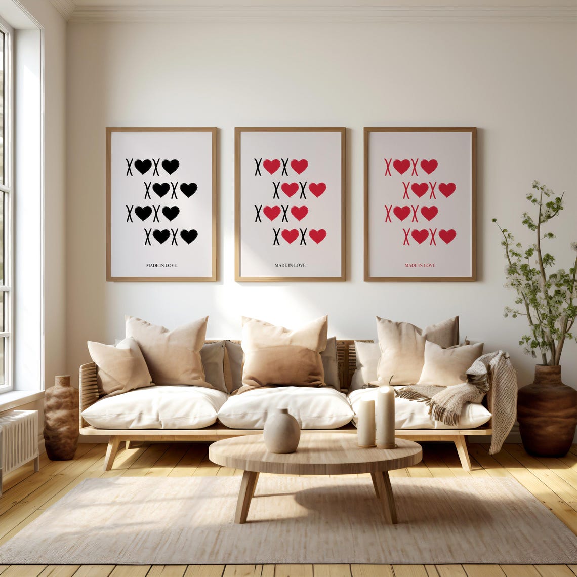 XOXO Hearts Made In Love Typography Poster Set of 3 Red Black - Image 4