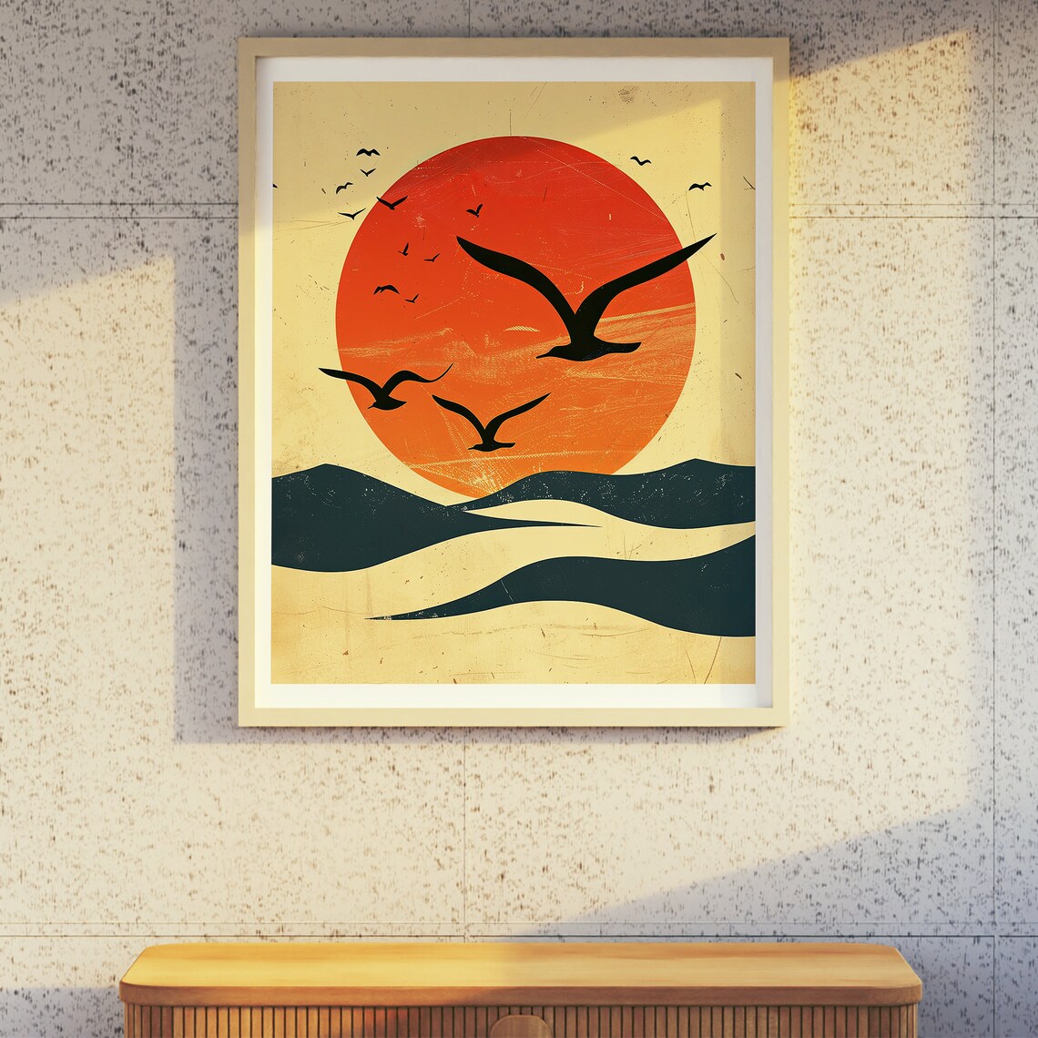 Seagulls Flying Over Big Red Sun Waves Vintage Coastal Art Poster - Image 5