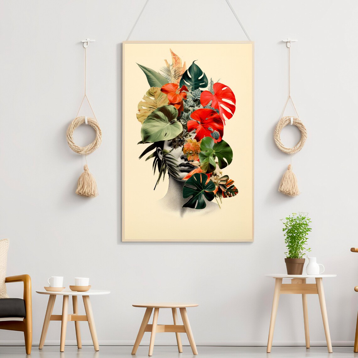 Tropical Monstera Leaves Woman Face Botanical Collage Poster - Image 4