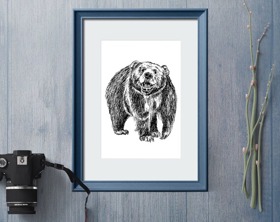 Brown Grizzly Bear Pen Sketch Rustic Wildlife Animal Art Print