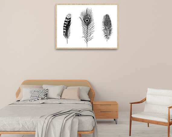 Black And White Feathers Print Unique Realistic Art Print Bohemian Home Decor Tribal Art Print Native Wall Art Feathers Wall Art