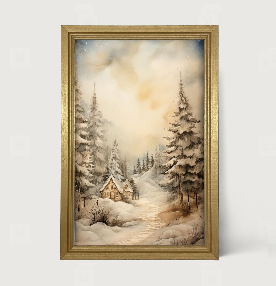 Winter Cottage Snowy Country Scene Wall Art Print