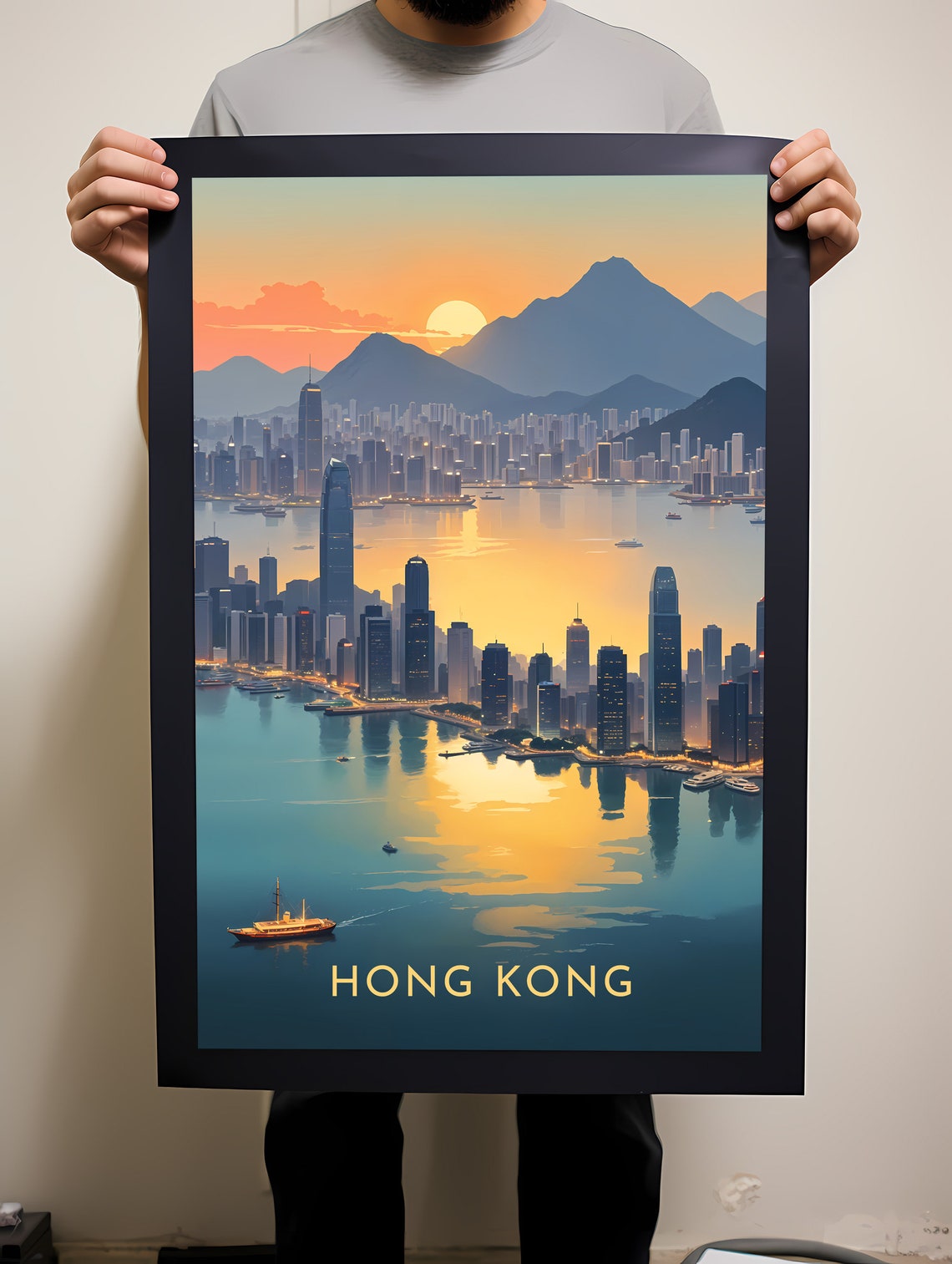 Hong Kong Sunset Harbor Skyline Glowing Golden Reflections Poster