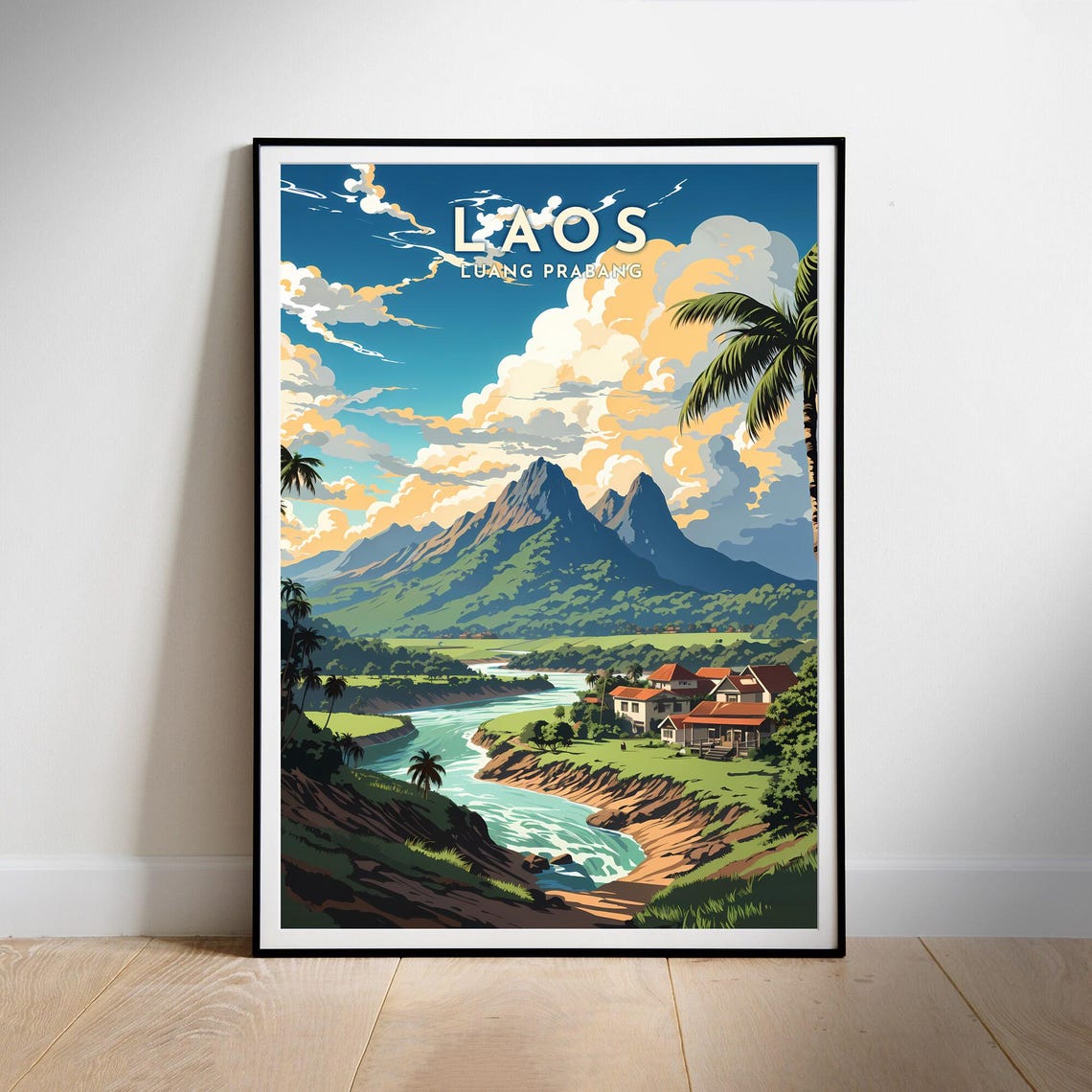 Luang Prabang Laos Mountain River Village Scene Travel Poster