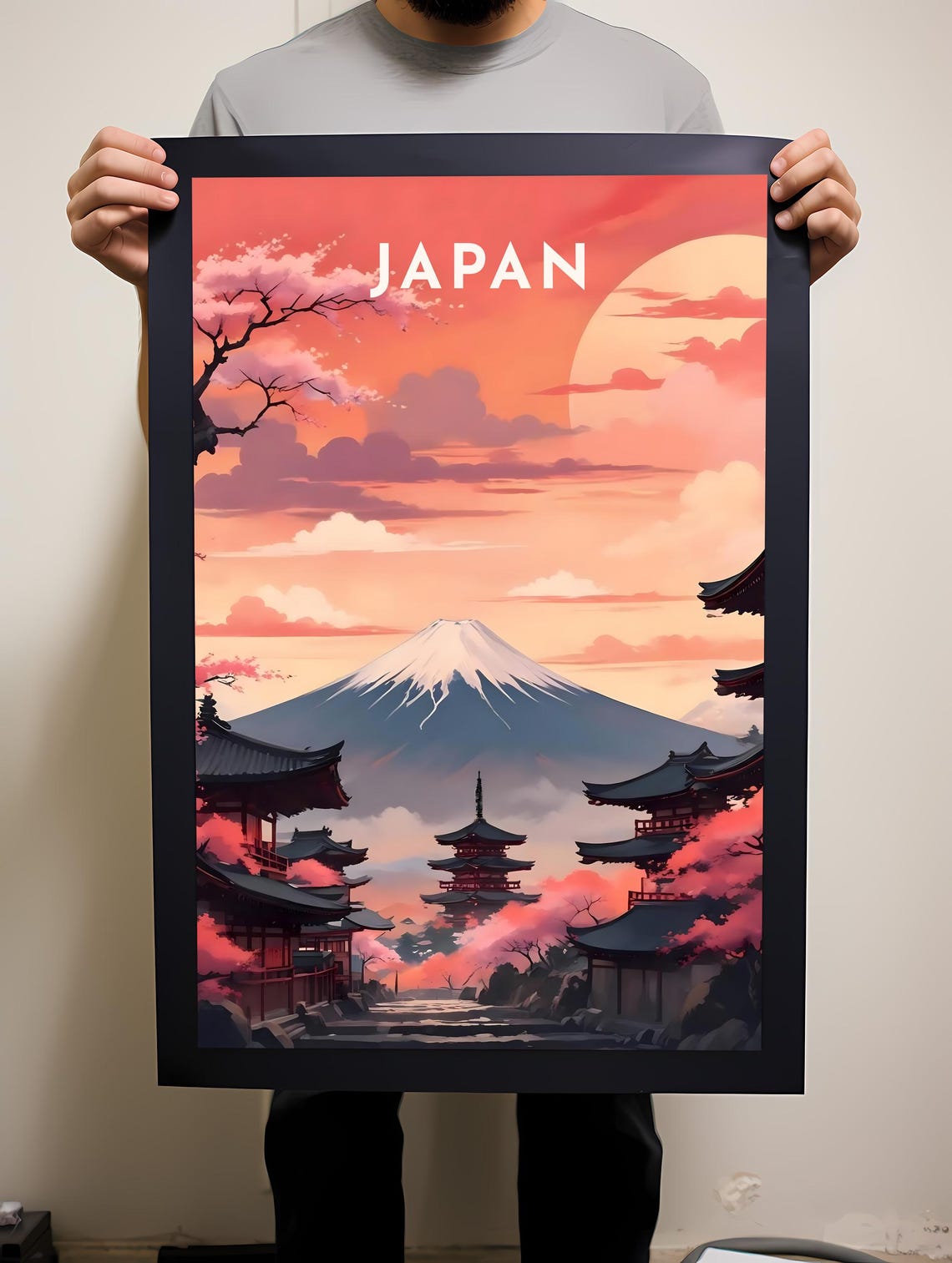 Japan Mount Fuji Cherry Blossom Pagoda Temples Sunset Poster - Image 2