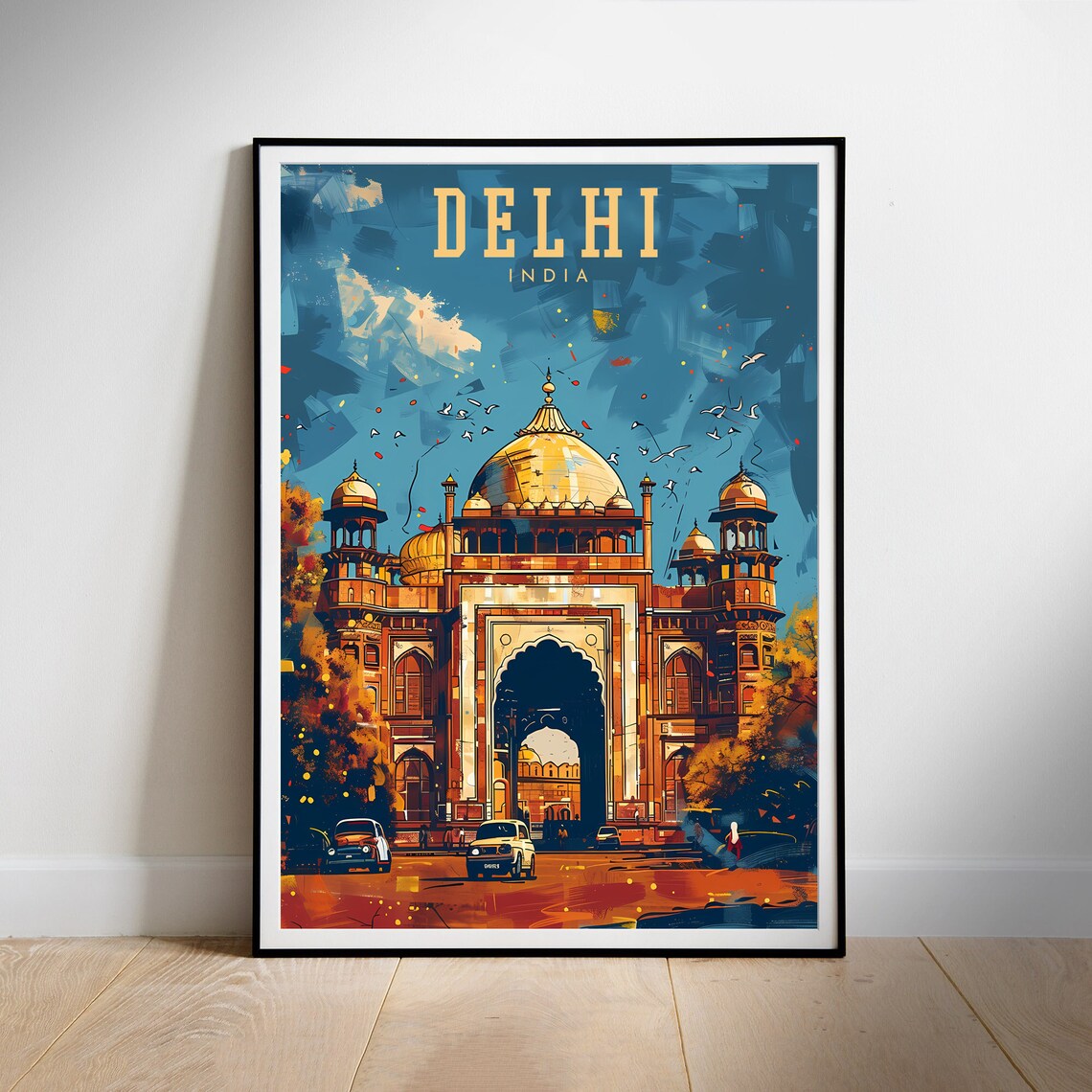 Delhi India Golden Dome Monument Retro Illustration Travel Poster