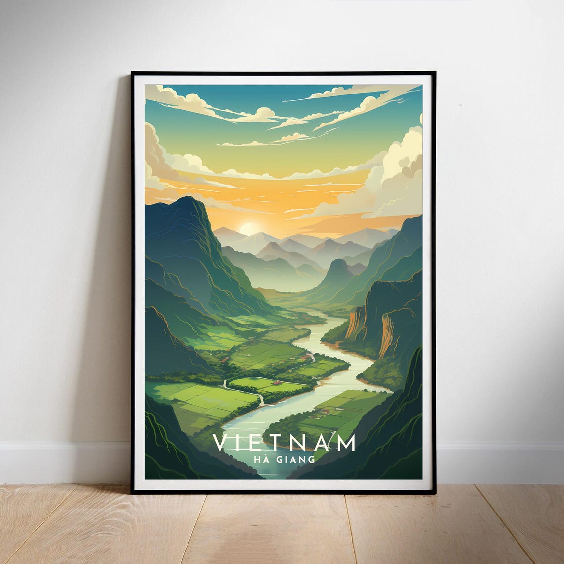 Vietnam Ha Giang River Valley Rice Terraces Sunset Illustrated Poster - Image 2