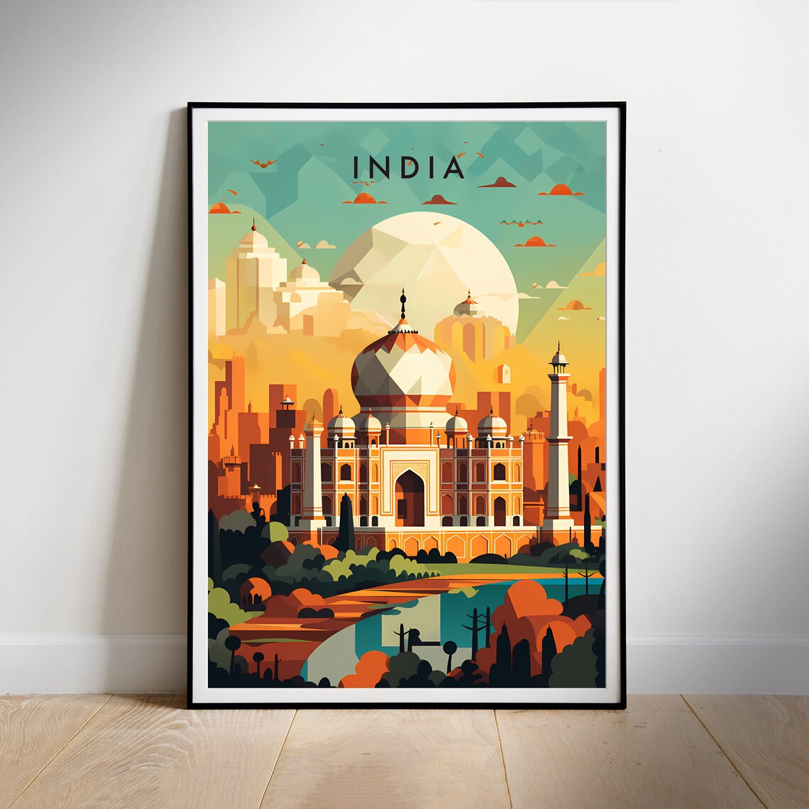 India Taj Mahal Golden Sunset Geometric Art Illustration Poster - Image 2