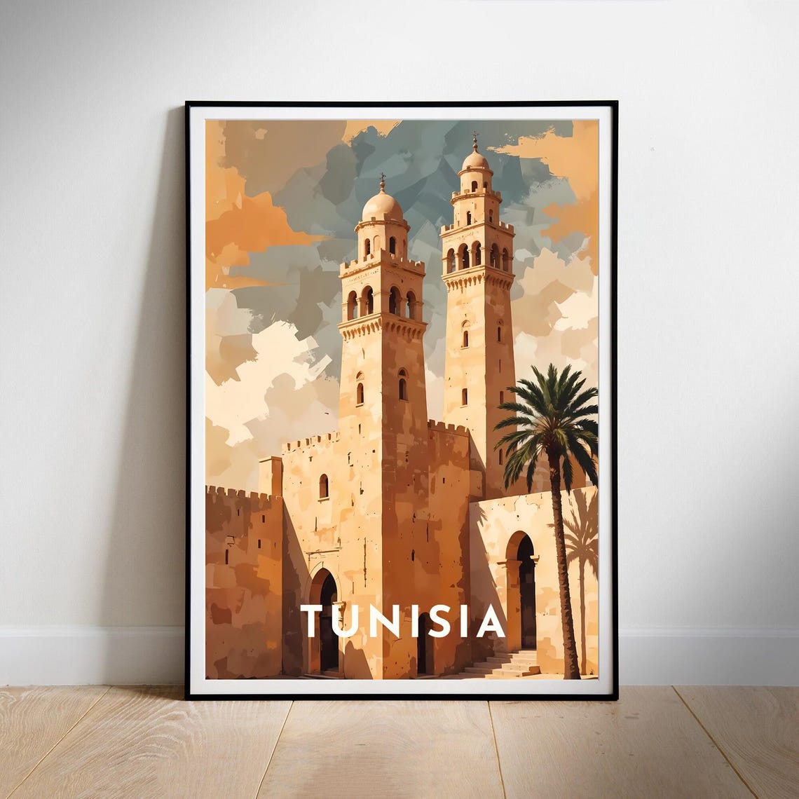 Tunisia Retro Illustrated Twin Mosque Minarets Travel Art Poster - Image 2