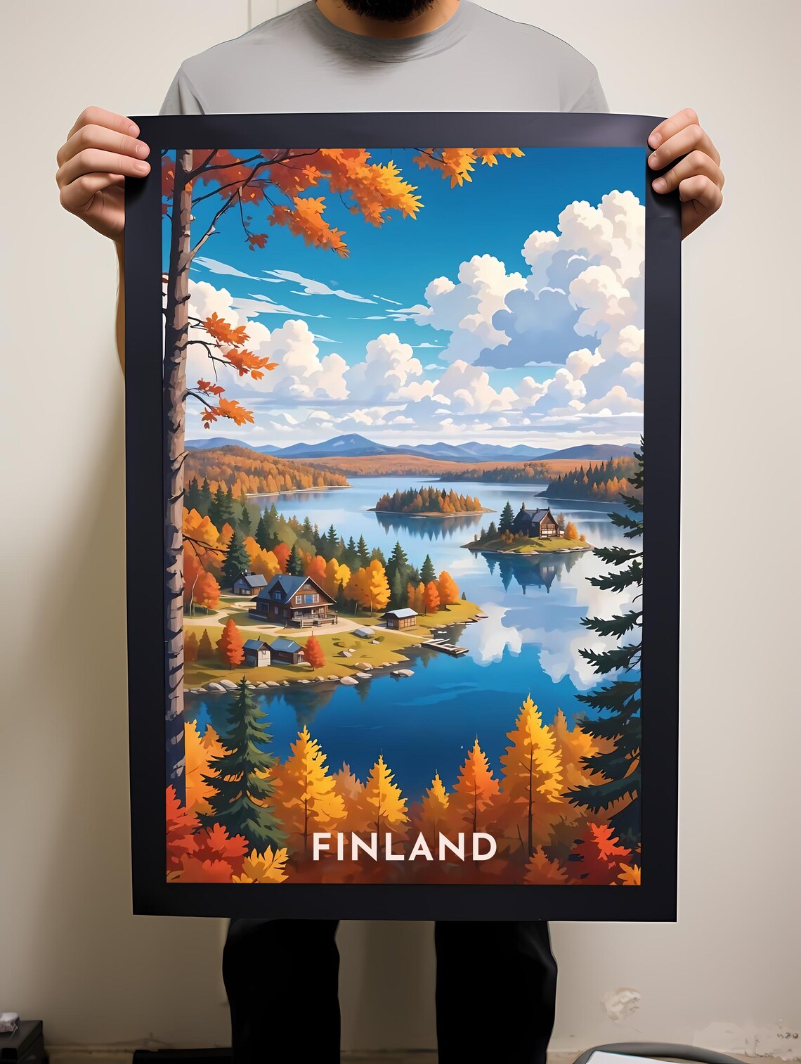 Finland Autumn Lakeside Log Cabins Colorful Nature Travel Poster - Image 2
