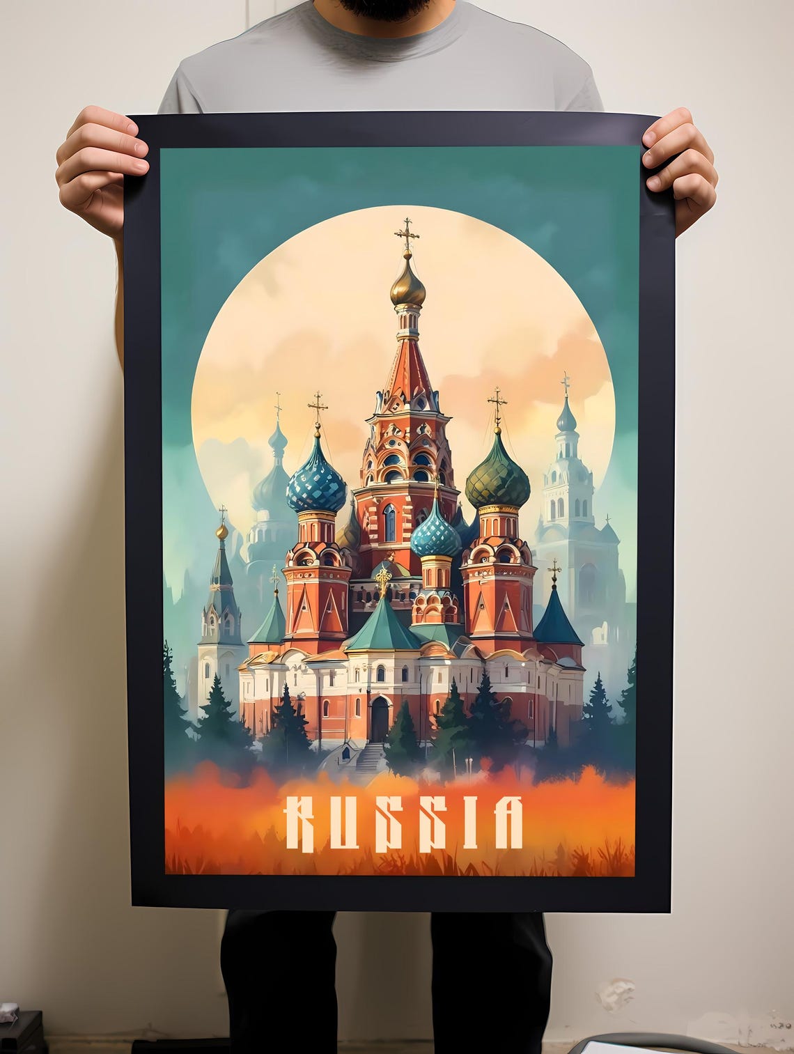 Russia Onion Dome Cathedral Sunset Vintage Style Travel Poster