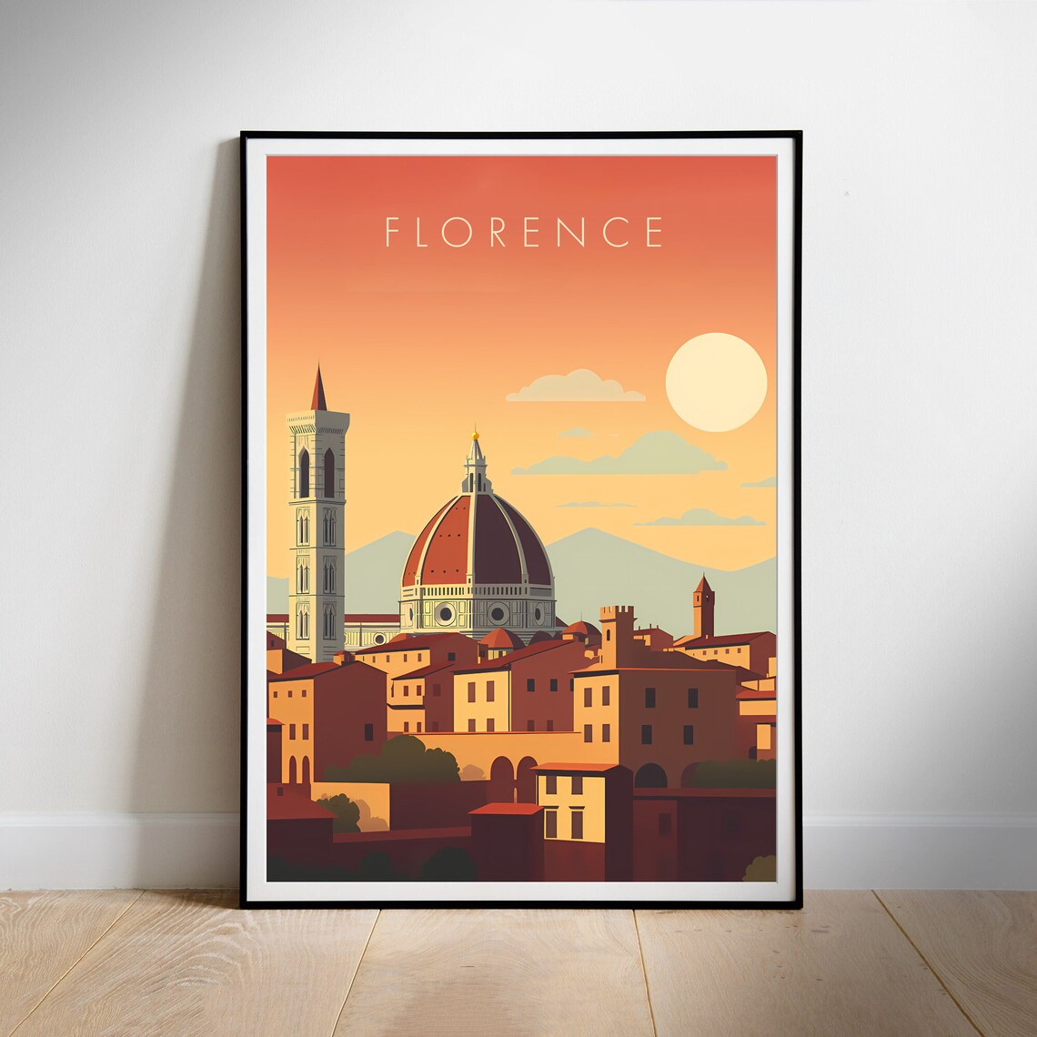 Florence Italy Sunset Duomo Cathedral Vintage Illustration Poster