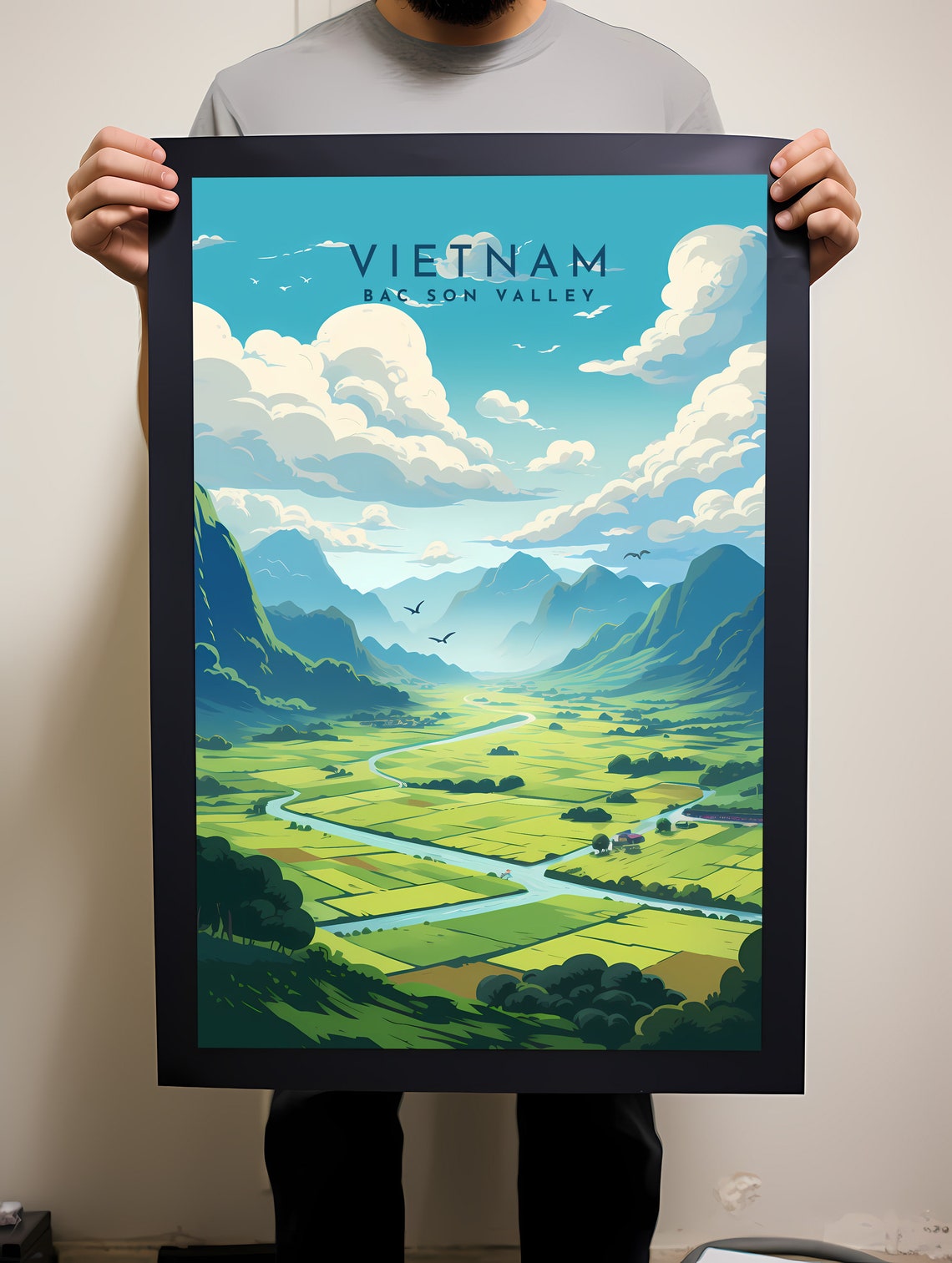 Bac Son Valley Vietnam Green Rice Fields Mountains Travel Poster