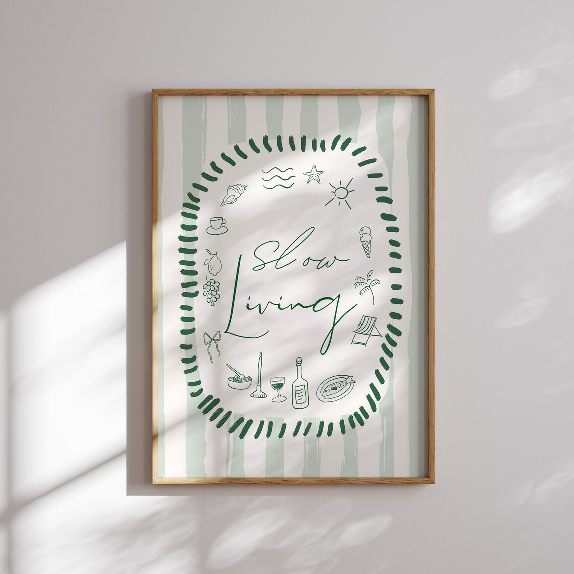 Slow Living Sage Green Illustrated Coastal Icons Kitchen Art Poster